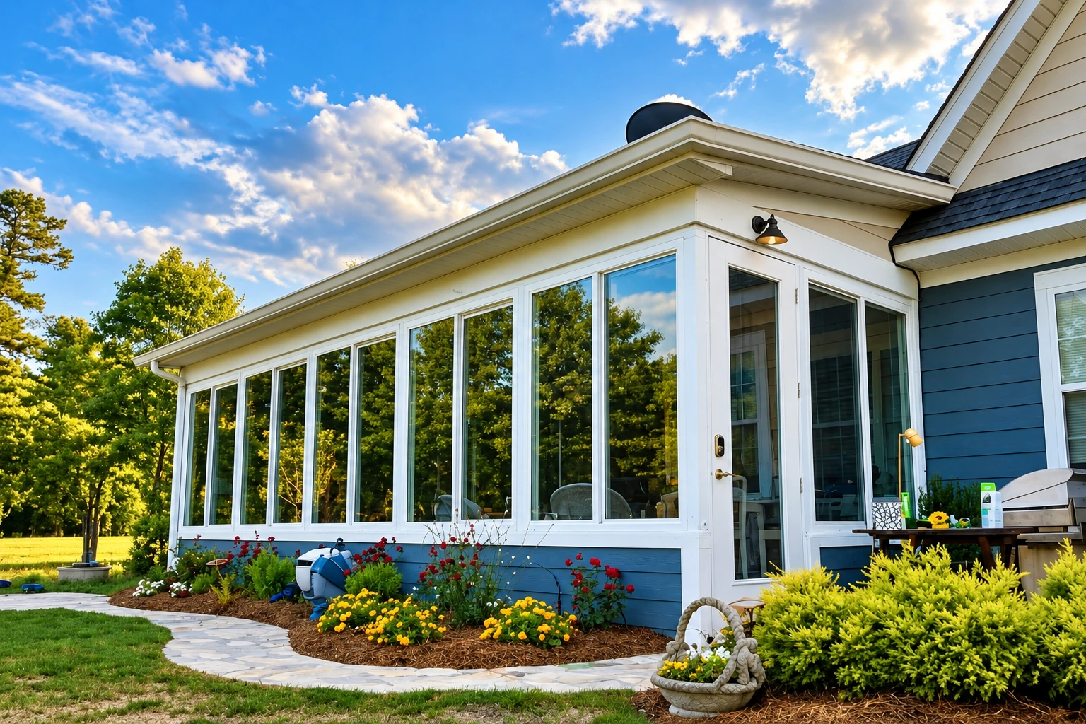 A white-framed sunroom with tall windows and a glass door extends from a blue-sided house, bordered by flower beds.