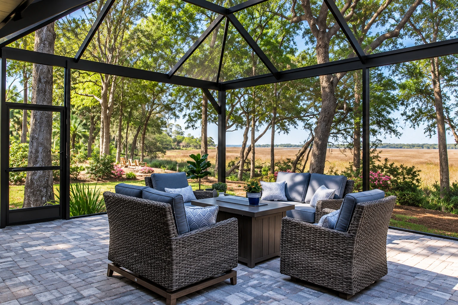 Custom screen room with a black frame and peaked roof, furnished with wicker seating and overlooking trees and marshland.