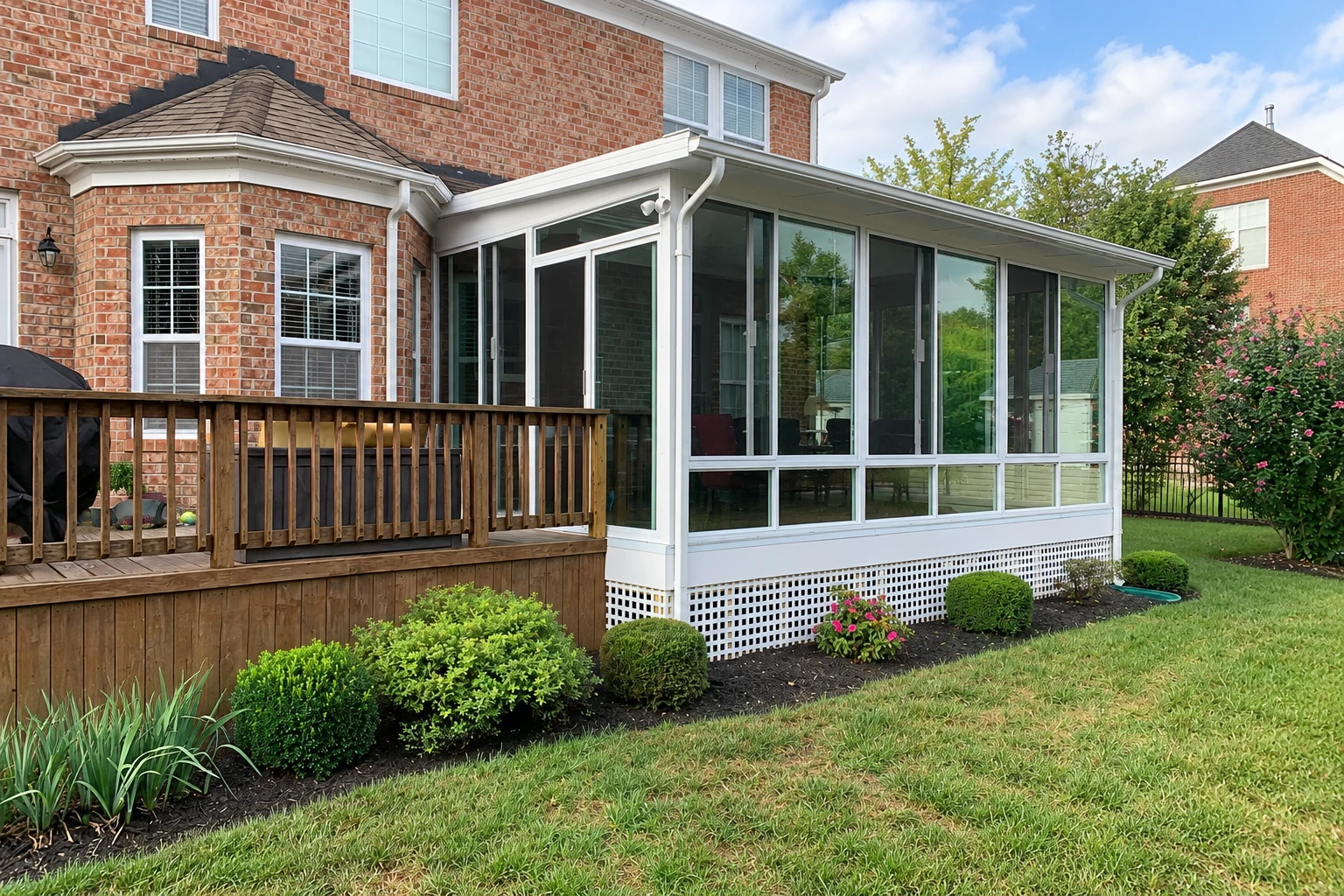 A white-framed glass sunroom extends from a brick house beside a wooden deck and landscaped lawn.