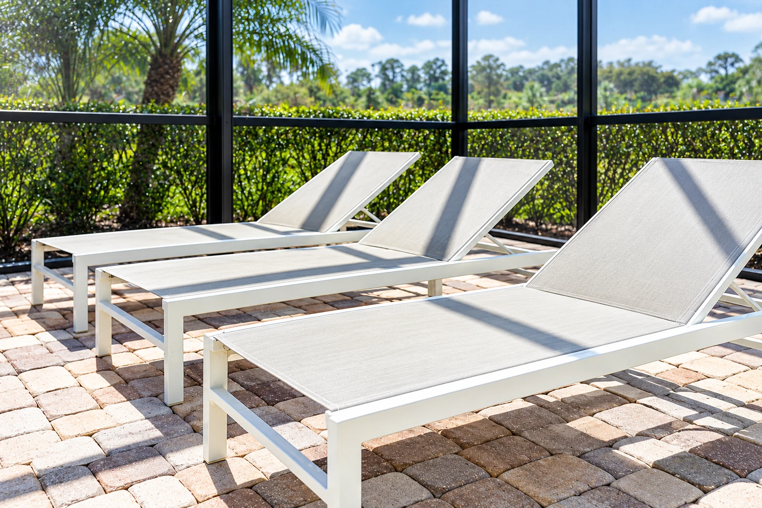 Three white chaise lounges sit on a brick patio enclosed by dark-framed screens, with hedges and trees beyond.