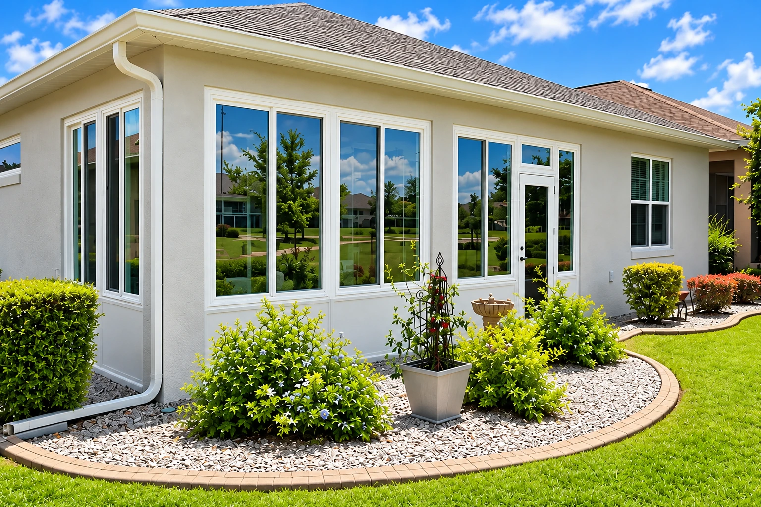 White four-season sunroom with large windows extends from a house, bordered by shrubs and a curved stone garden bed.