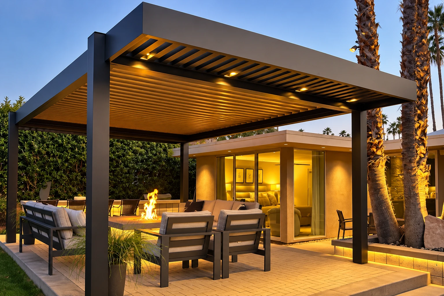 Modern patio cover with a black frame and slatted roof shelters outdoor seating and a fire pit beside a warmly lit home.