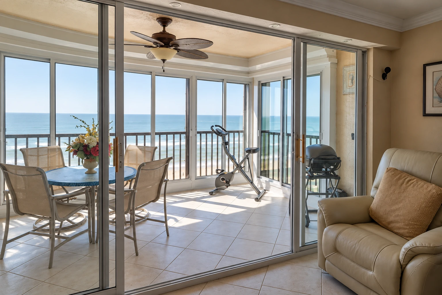 Enclosed patio with sliding glass panels, tiled floor, dining set, exercise bike, and ocean views.