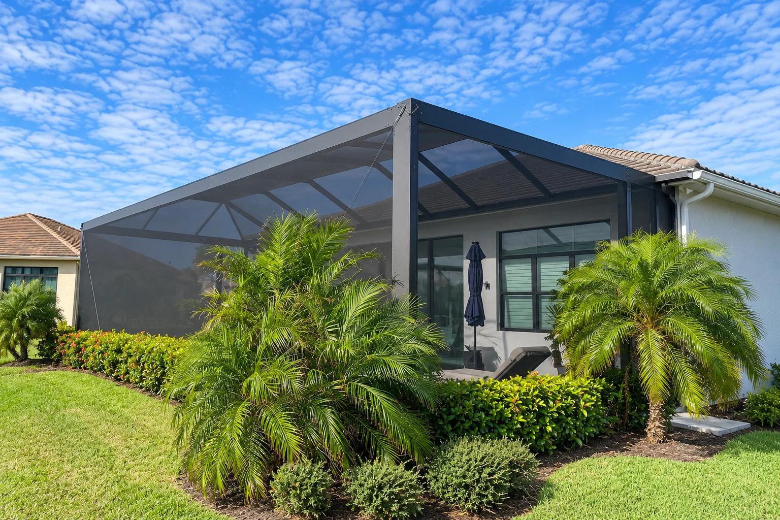 A dark-framed screened patio enclosure with a peaked roof stands beside a stucco house, surrounded by palms and lawn.