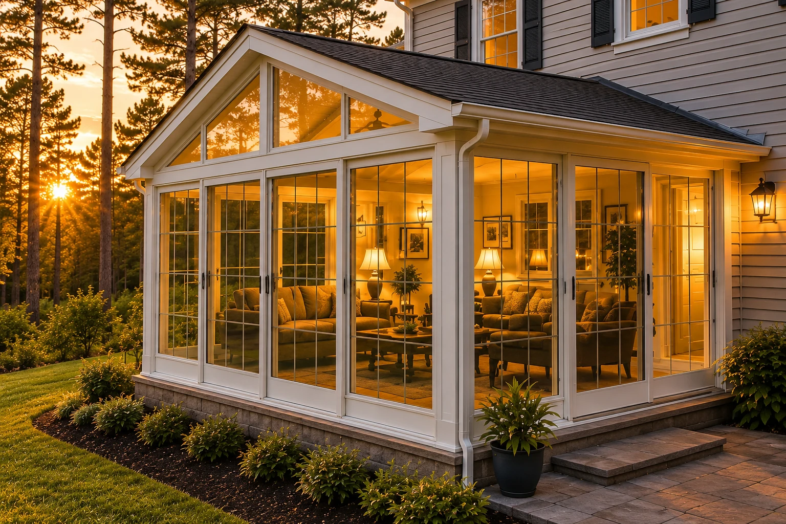 Glass sunroom addition glowing at sunset, with white framing and views of a wooded yard.