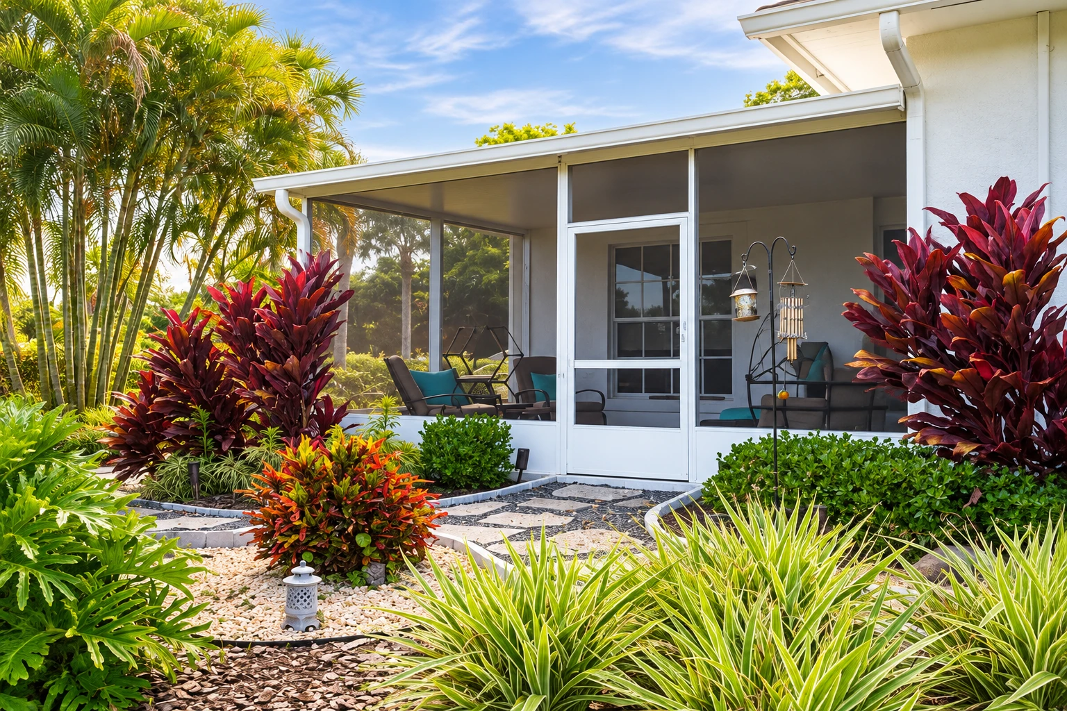 A screened patio enclosure with a white frame and central door, surrounded by tropical plants and stone paving.
