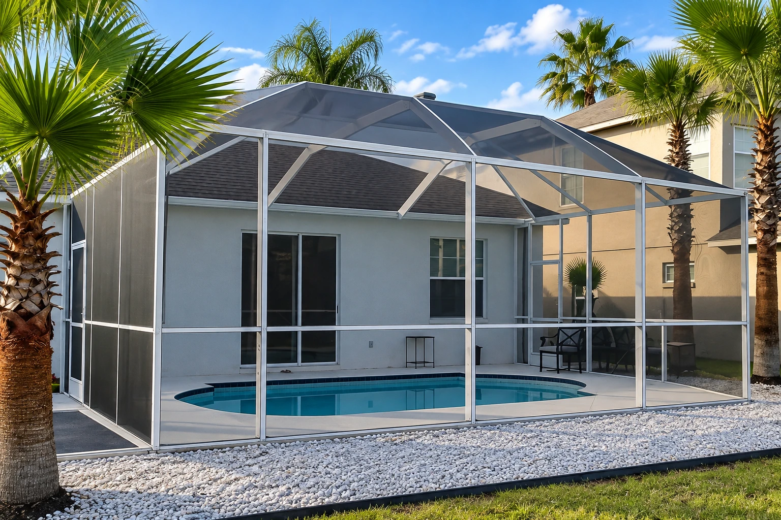 Screened pool enclosure with a peaked metal frame, surrounded by palm trees and neighboring homes.