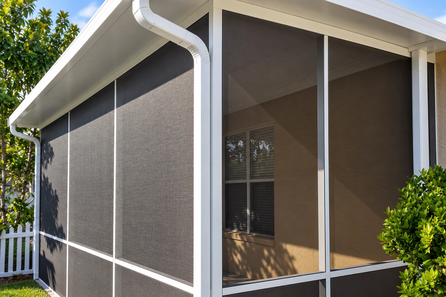 Screen room with dark mesh panels and white framing encloses the side of a house beneath a white roof and gutter.