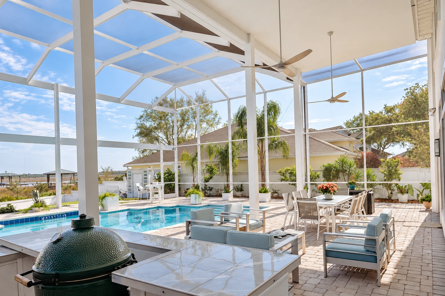 Spacious screened solarium with a white-framed roof, pool, patio dining set and lounge seating.