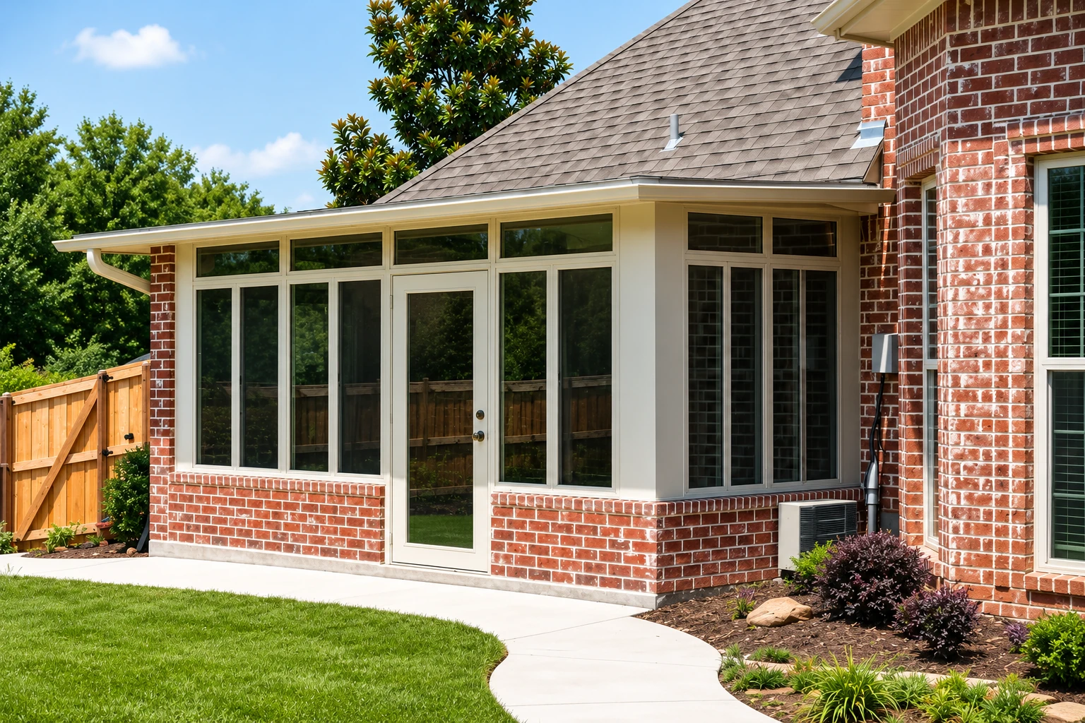 Sunroom addition attached to a brick house, with a white frame, broad windows, and a curved walkway across the lawn.