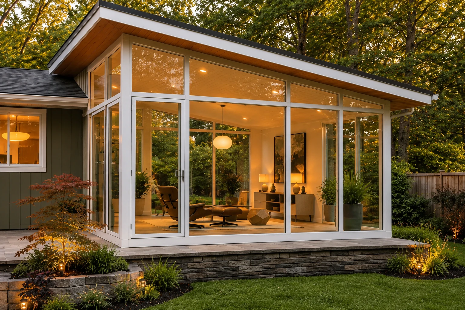 A modern glass sunroom with a sloped roof and warm interior lighting, set among trees on a raised stone patio.