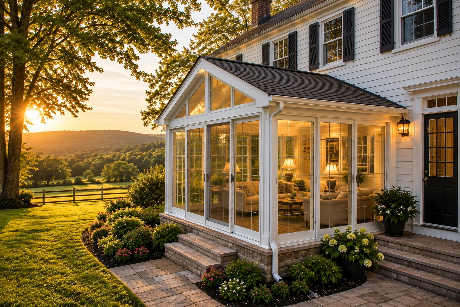 White-framed sunroom addition with tall windows glows at sunset beside a landscaped lawn and garden.