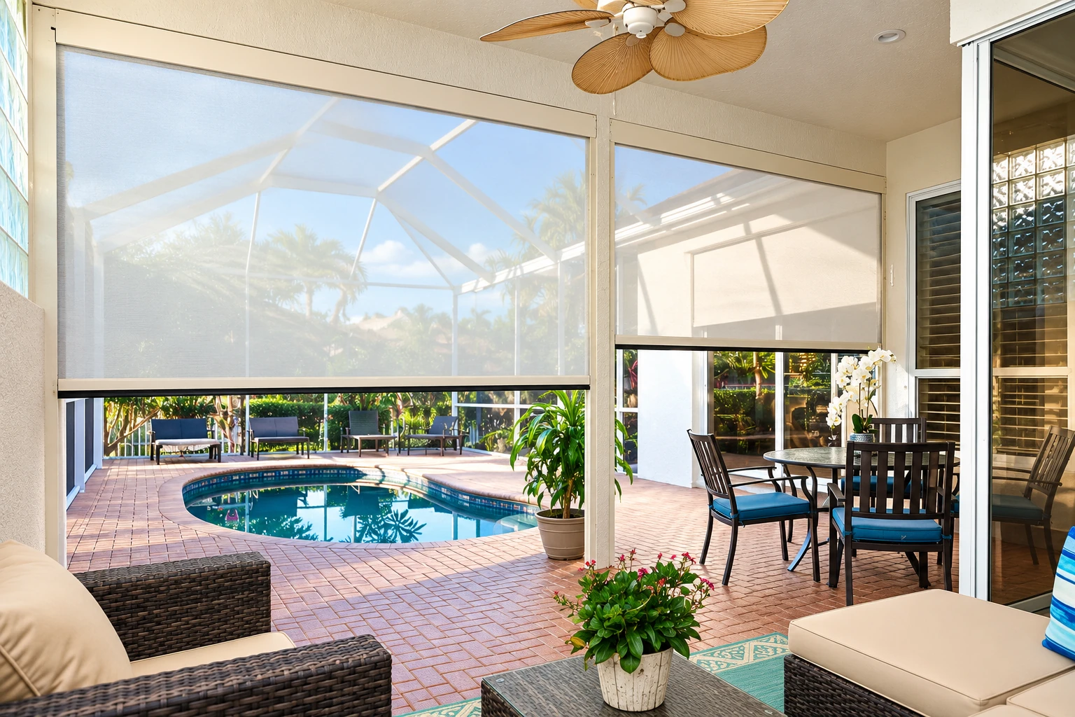 Enclosed patio with retractable screens overlooking a swimming pool, with a dining set and ceiling fan.
