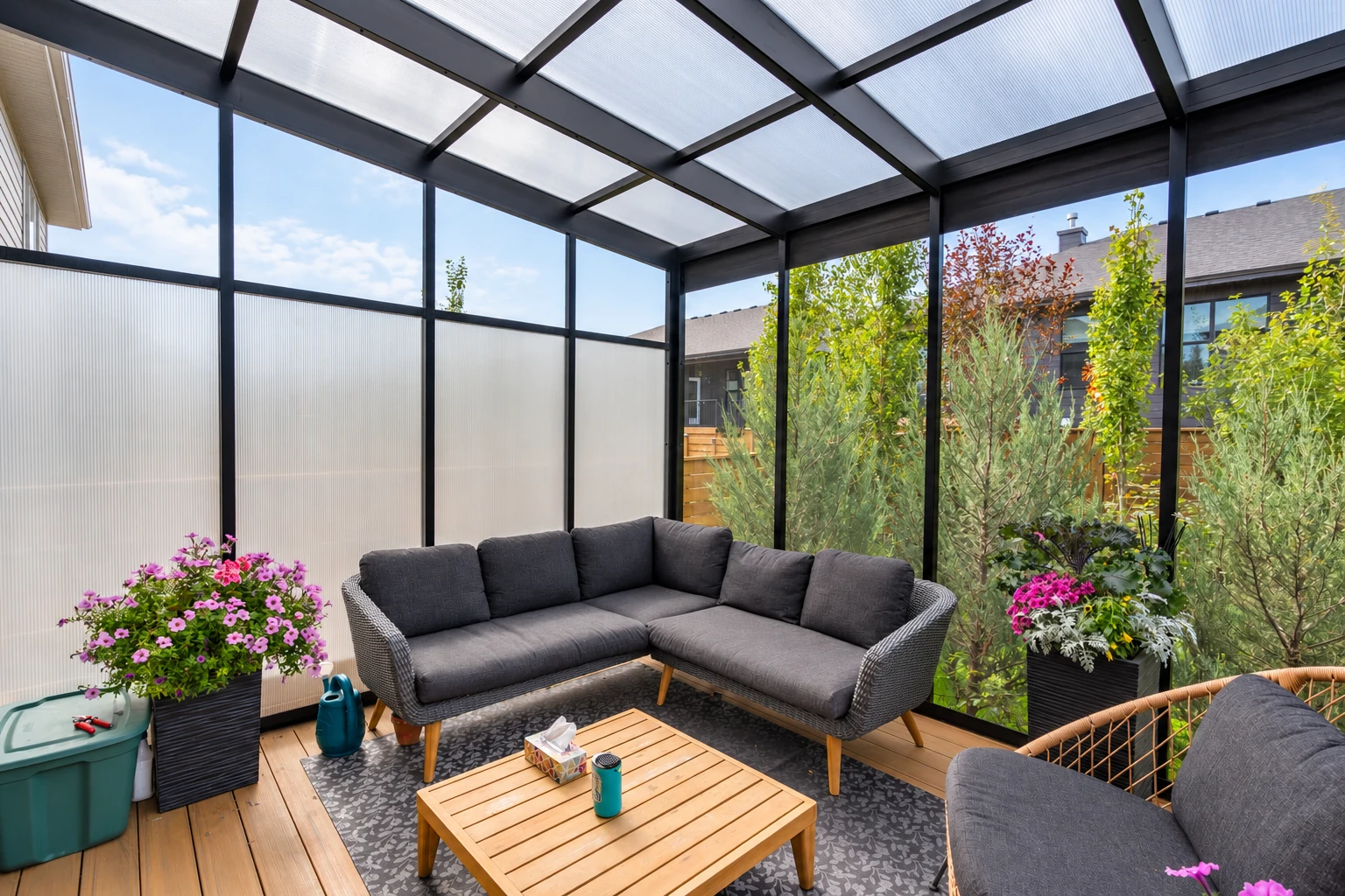 Remodeled sunroom with a dark-framed translucent roof, screened walls, sectional seating, and potted flowers.